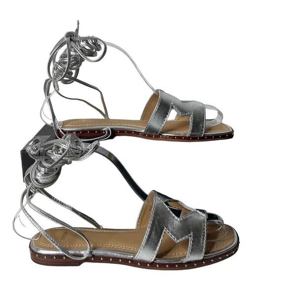 Maje Argent Silver Studded Cutout Leather Gladiator Strap Ankle Tie Flat Sandals - Picture 7 of 7